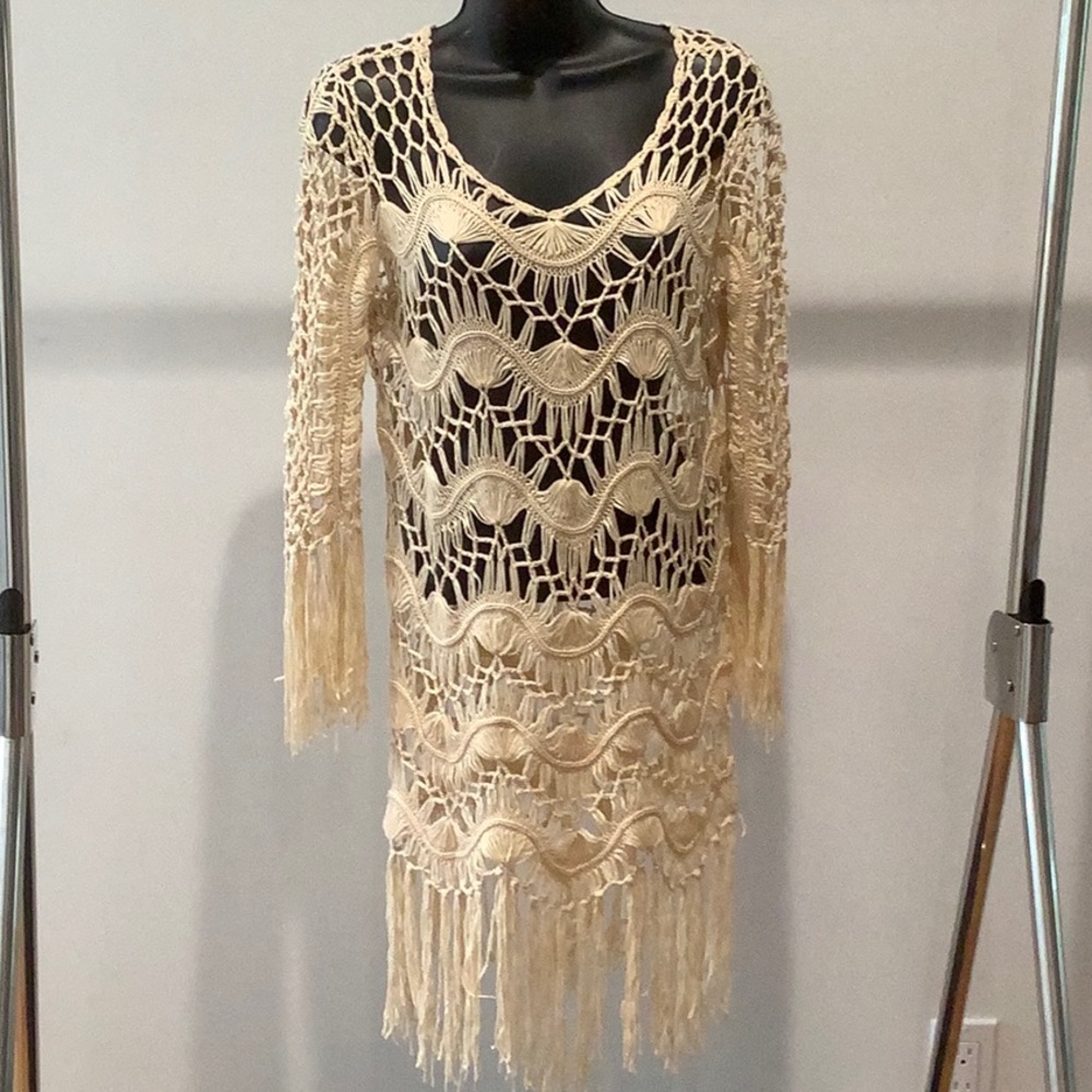 Cream Macrame Mini Dress with Fringe, Medium